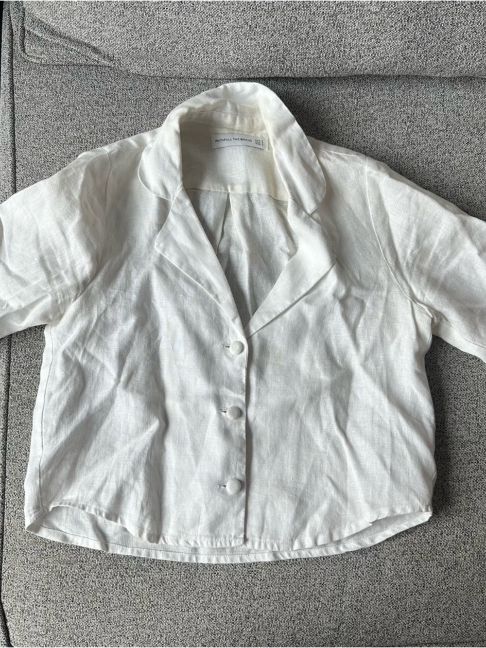 Faithfull the Brand Cropped White Linen Button Down Top